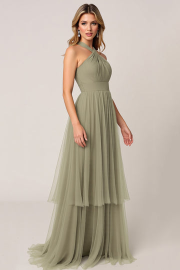 Halter A Line Tulle Olive Bridesmaid Dress